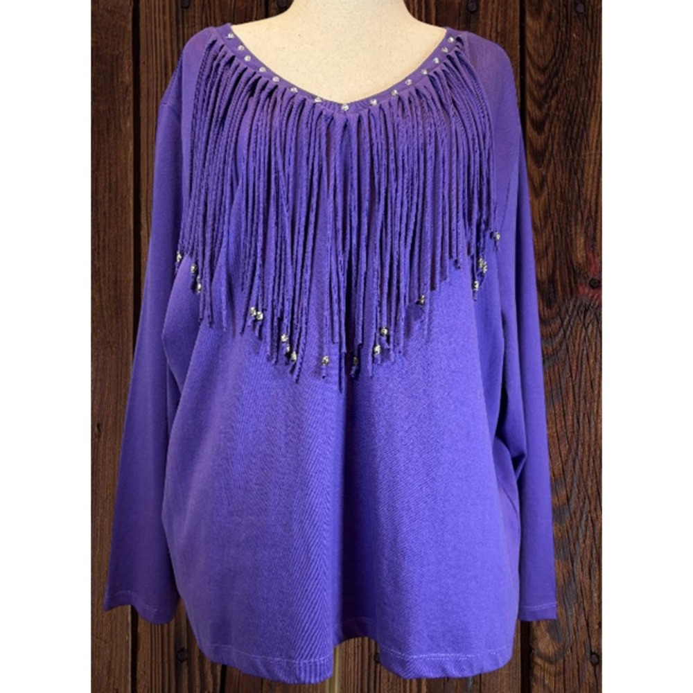 Back in the Saddle Women's 3X Beaded Fringe Embellished Western Tunic Top Purple